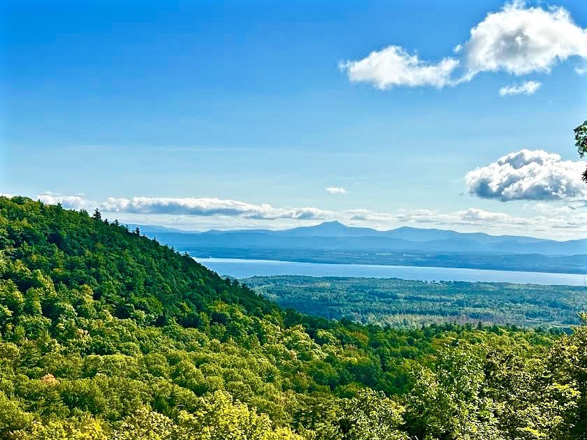 Blue skies over Lake Champlain and Green Mountains